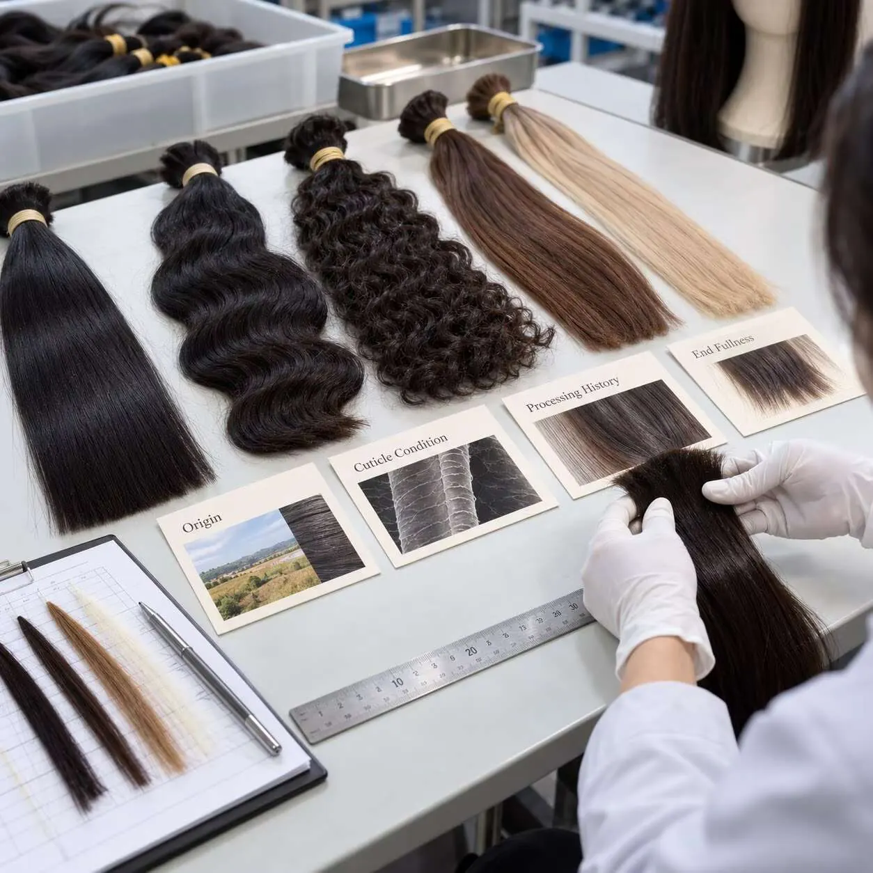 Illustration of human hair swatches reviewed by processing history and end fullness