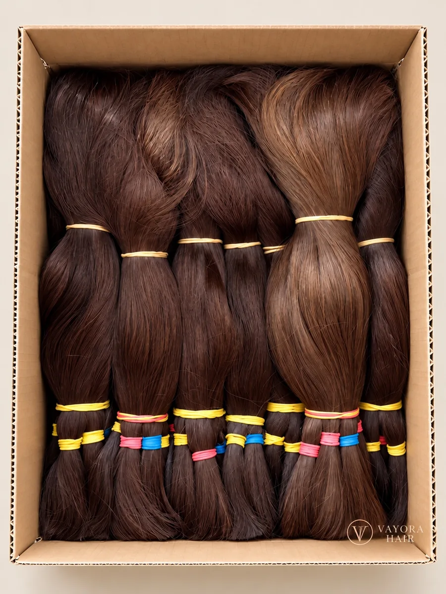 Brown tied hair sample lots arranged in an open carton