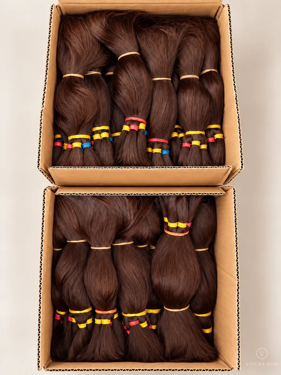 Brown tied hair sample lots arranged in two open cartons