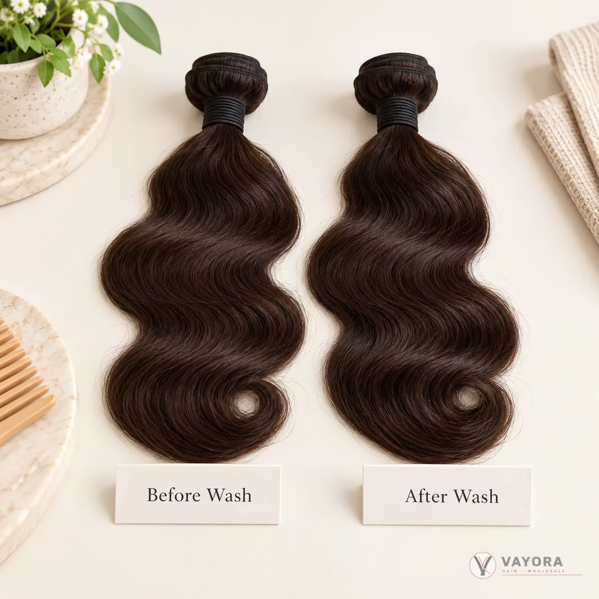 Illustrative comparison of human hair samples before and after controlled washing