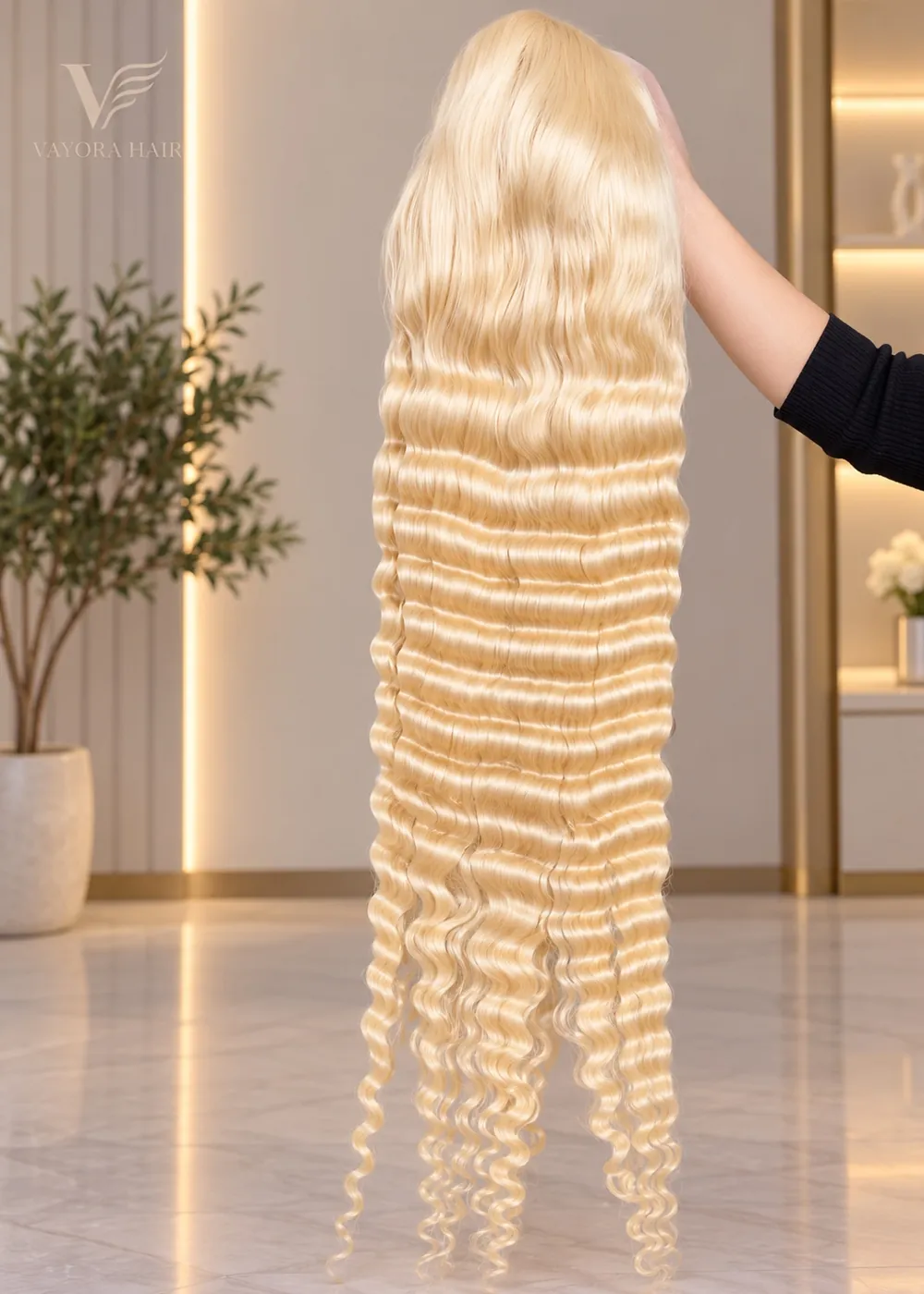 Long blonde wavy wig held for a full-length presentation