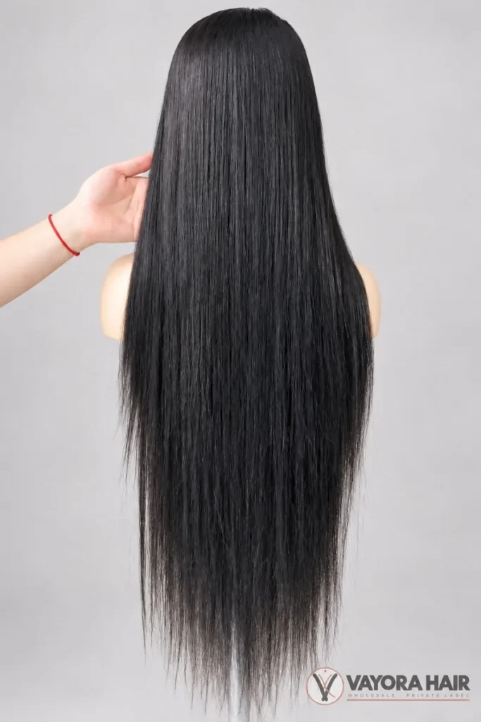Rear view of a long dark wig on a mannequin