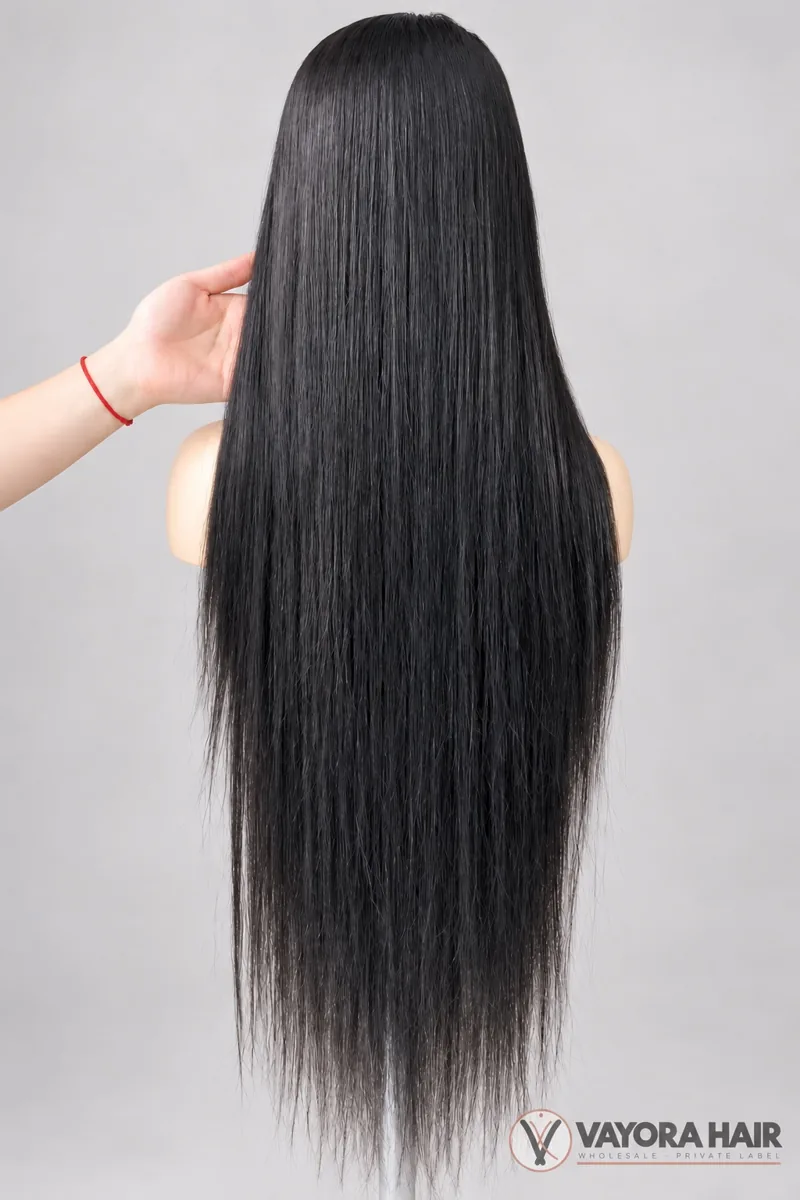 Rear view of a long dark wig on a mannequin