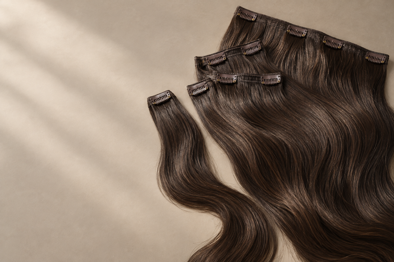 Illustrative clip-in human hair wefts showing snap clips and sewn tracks