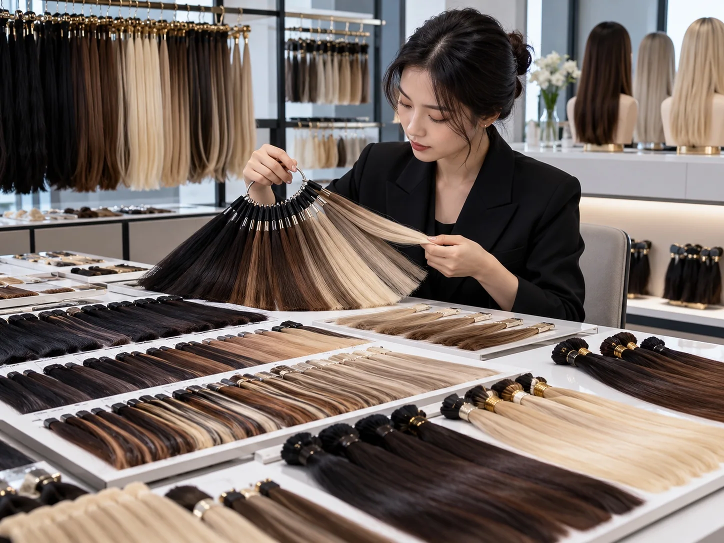 Hair color samples being compared beside extension swatches