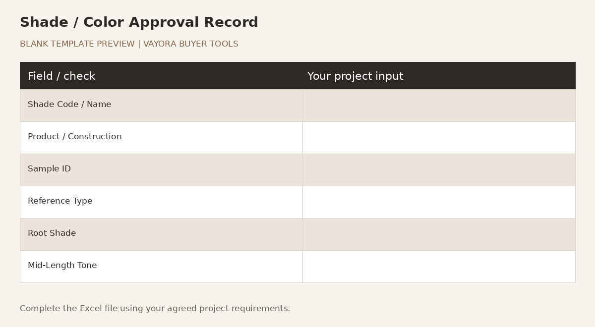 Blank Shade / Color Approval Record preview showing project fields and empty buyer input cells