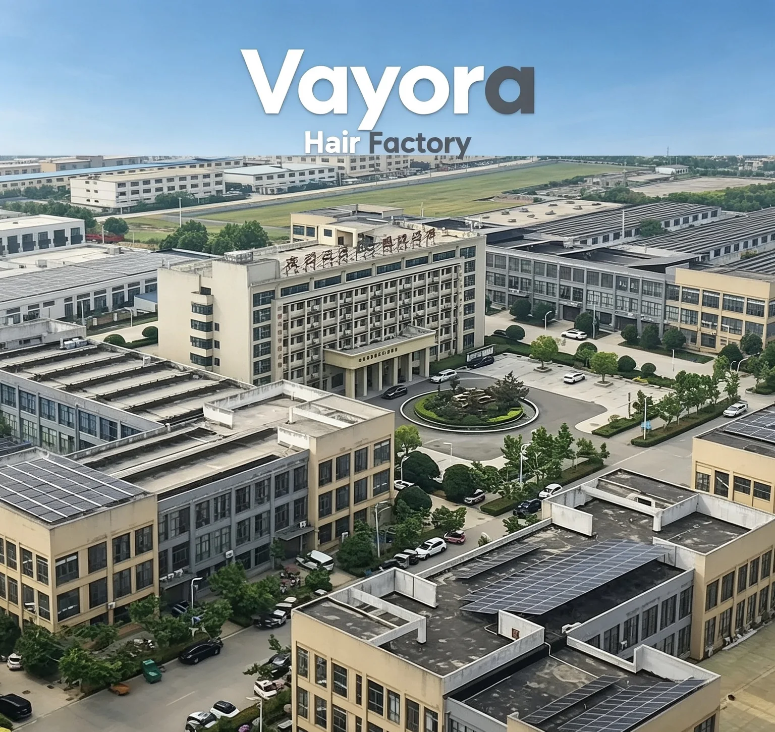 Aerial view of factory buildings and the surrounding industrial site