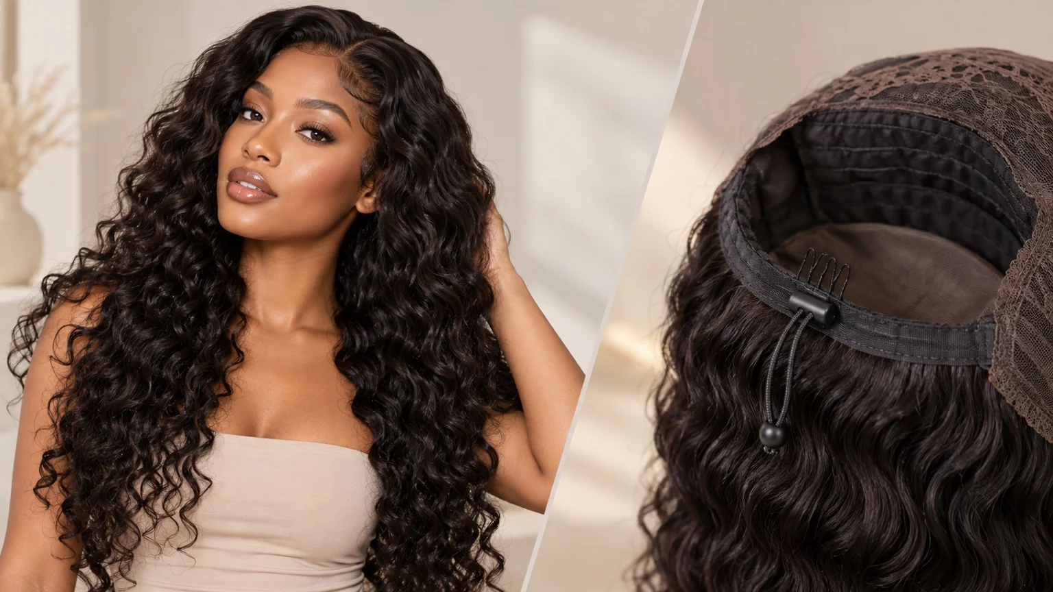 Curly glueless wig and drawstring cap design illustration