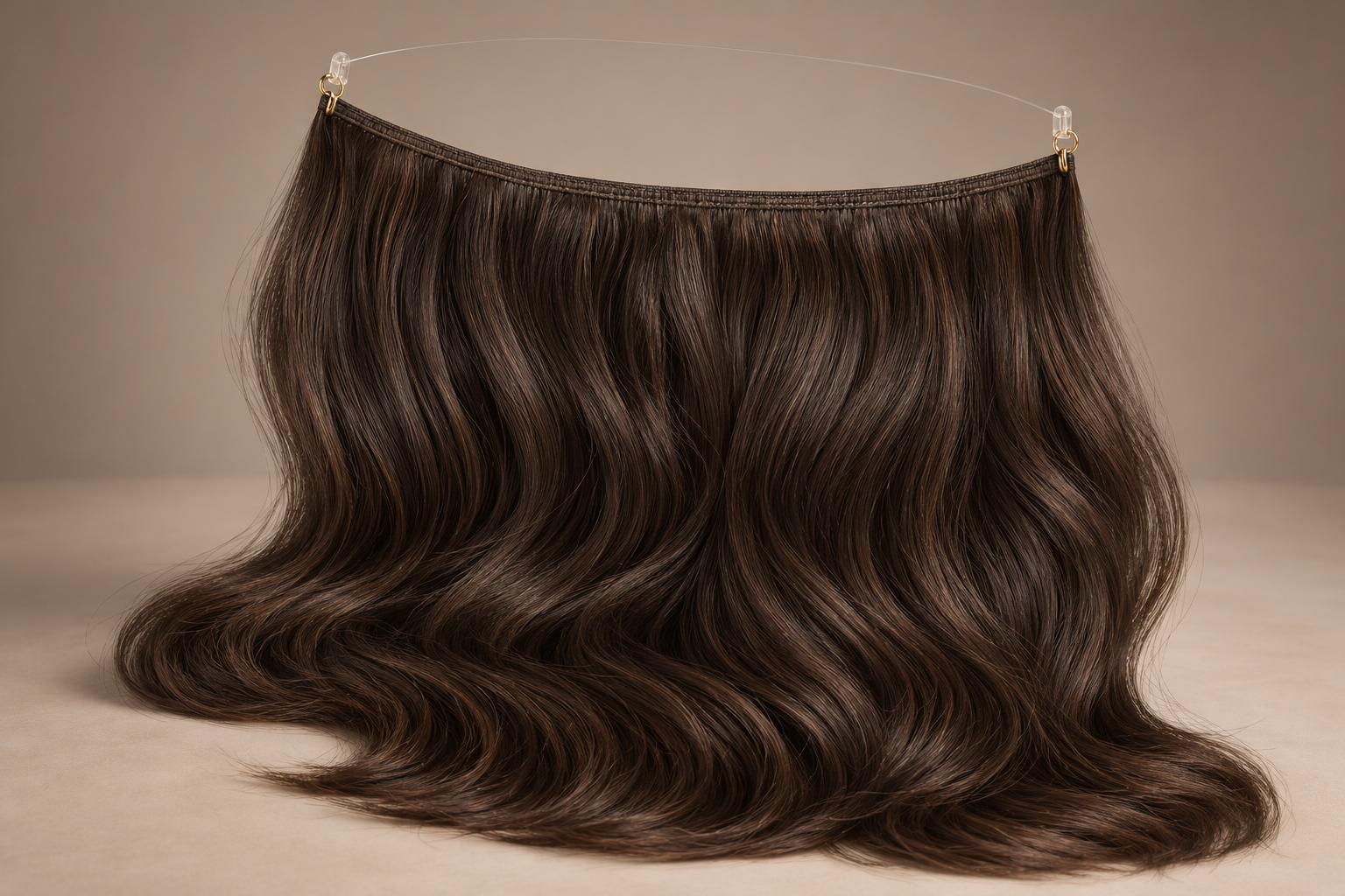 Illustrative halo human hair extension with a fine wire and weft track