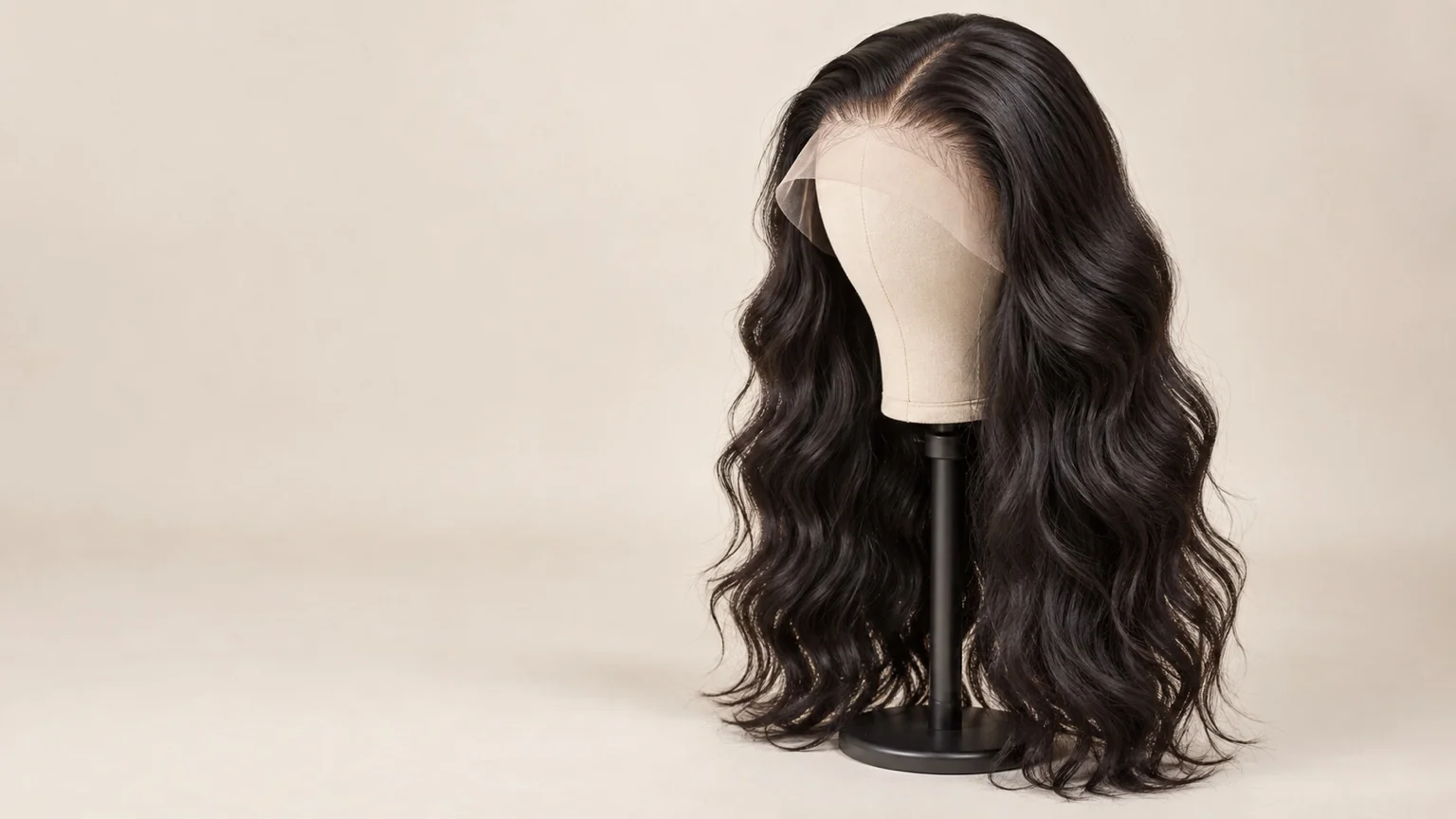 Dark wavy lace-front wig on a mannequin with the hairline and lace edge visible