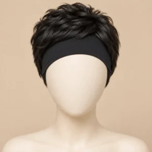 Illustrative short dark pixie wig with a visible black headband on a mannequin