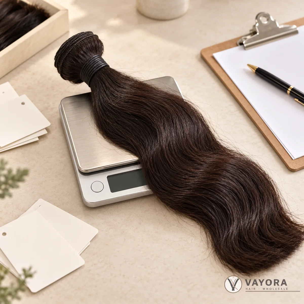 Illustrative human hair bundle weight verification on a wholesale quality inspection workbench