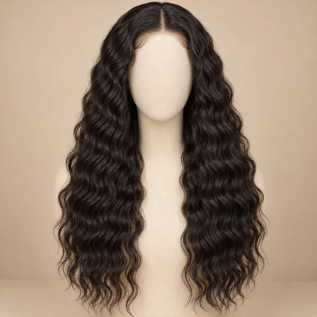 Illustrative long natural dark wig with compact textured waves on a mannequin; texture direction subject to sample approval