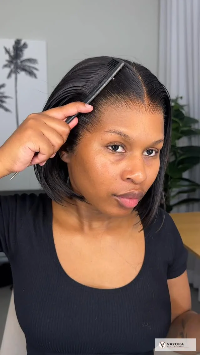 Model combing dark hair near the hairline