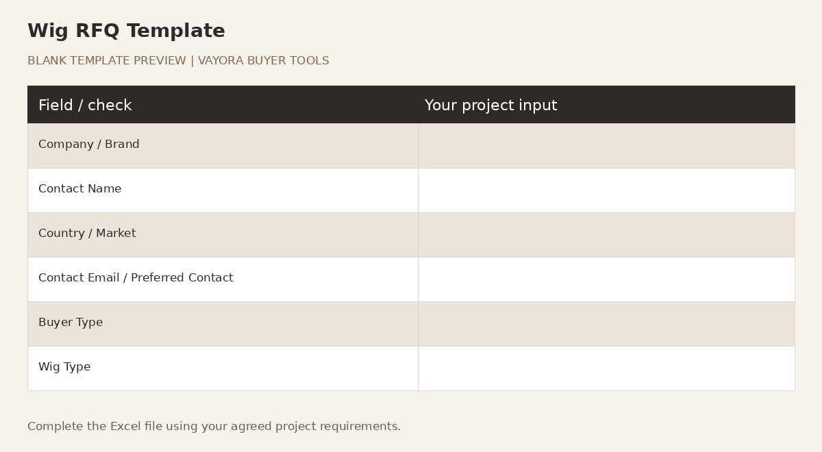 Blank Wig RFQ Template preview showing project fields and empty buyer input cells