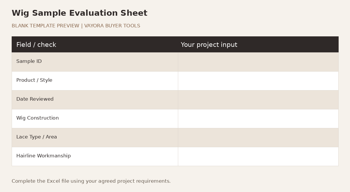Blank Wig Sample Evaluation Sheet preview showing project fields and empty buyer input cells