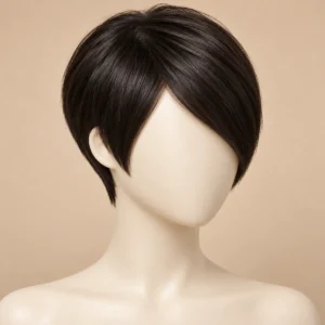 Illustrative structured dark Sassoon-style short pixie wig with smooth angled fringe on a mannequin