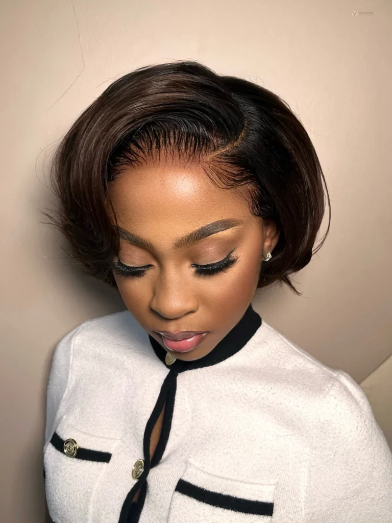Model with a short dark bob