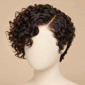 Illustrative short natural dark curly pixie wig with a defined side part on a mannequin