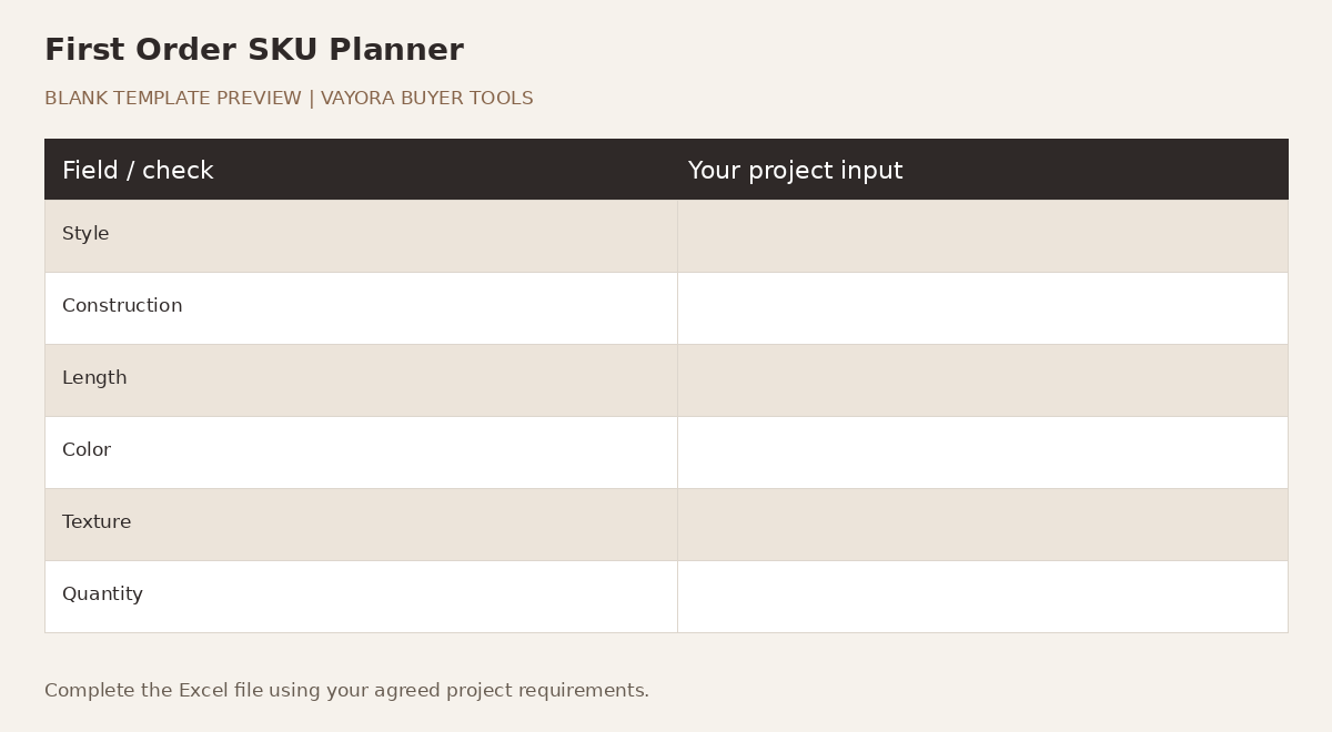 Blank First Order SKU Planner preview showing project fields and empty buyer input cells