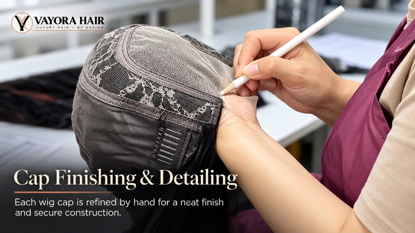 Hands marking a wig cap edge in a branded cap finishing and detailing display.