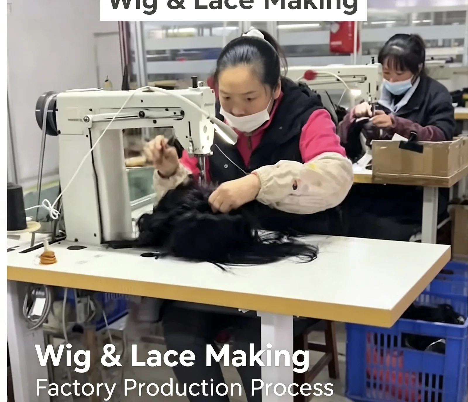Human hair wig and lace construction during production