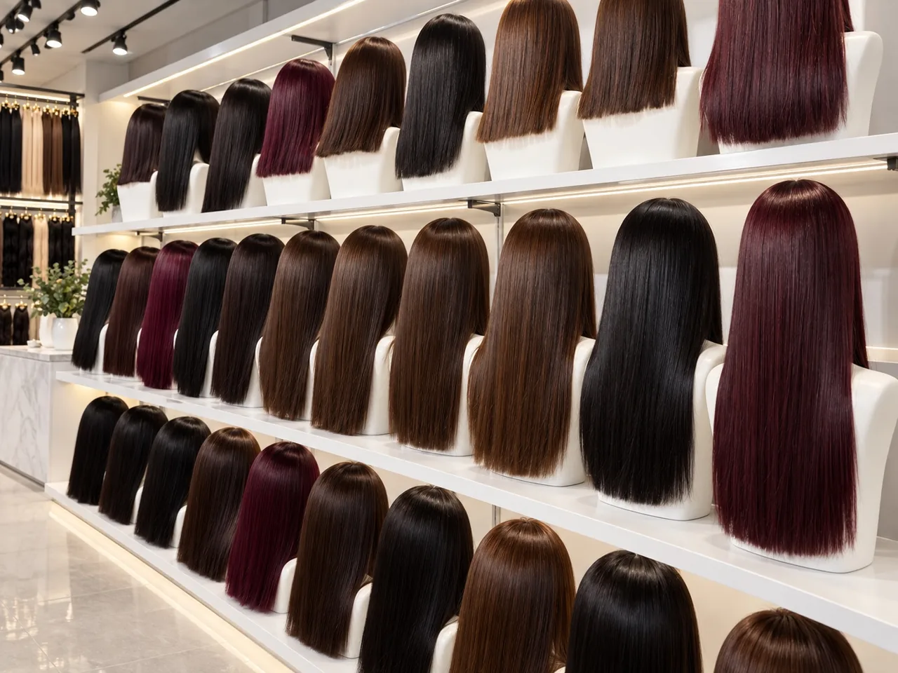 Rows of straight wigs in black, brown and burgundy on display stands