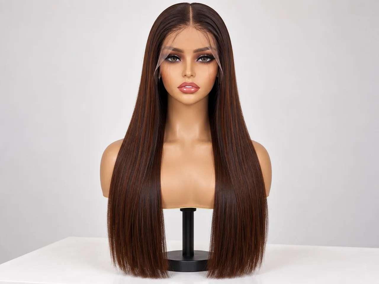 Long brown straight lace-front wig on a mannequin
