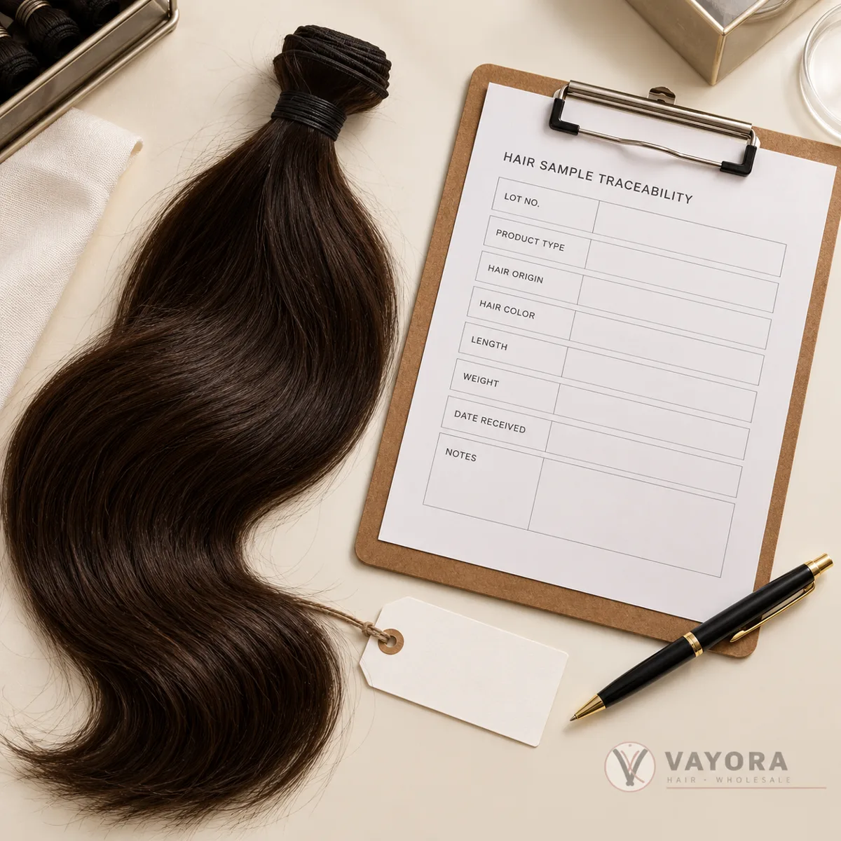 Illustrative wholesale human hair sample inspection record with lot and weight fields
